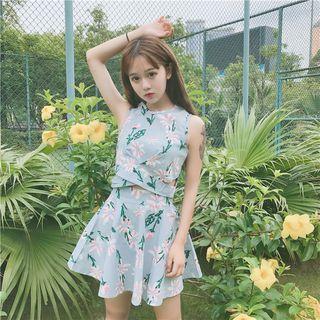 Set: Floral Print Cropped Sleeveless Top + A-line Skirt