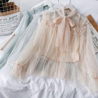 Sequined Ribbon-neckline Loose-fit Lace Blouse