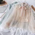 Sequined Ribbon-neckline Loose-fit Lace Blouse