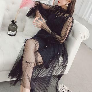 Set: Beaded Frill Trim Long Sleeve Mesh Dress + Slipdress