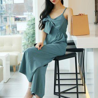 Spaghetti Strap Bow-accent Wide-leg Jumpsuit
