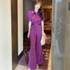 Set: Puff-sleeve Shirt + Slit-hem Pants