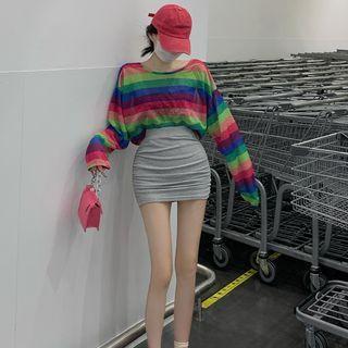 Long-sleeve Striped T-shirt / Shirred Pencil Skirt