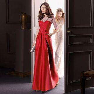 Lace-panel Bow-accent Evening Dress