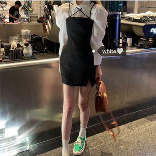 Puff-sleeve Plain Blouse / Strappy Mini Dress