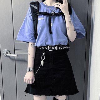 Applique Elbow-sleeve T-shirt / Denim A-line Skirt