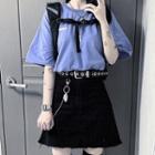 Applique Elbow-sleeve T-shirt / Denim A-line Skirt