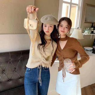Mock-neck Cutout Drawstring Knit Crop Top