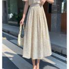 Floral Midi A-line Skirt / Elbow-sleeve Print T-shirt / Set