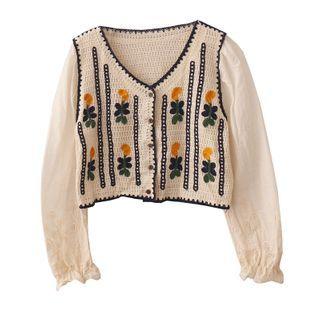 Floral Embroidered Paneled Blouse Almond - One Size