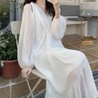Set: Puff-sleeve Midi A-line Dress + Slipdress Puff Sleeve Dress & Slipdress - White - One Size