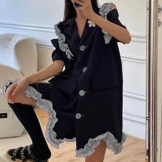 Short-sleeve Ruffle Asymmetrical Collared Dress White Ruffle - Black - One Size