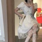 Puff-sleeve A-line Mini Dress / Sheer Lace A-line Skirt