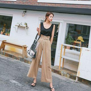 Belted High-waist Linen Blend Wide-leg Pants
