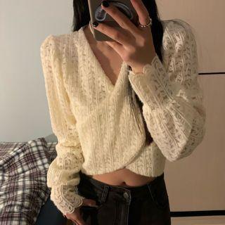 Long-sleeve V-neck Wrap Lace Crop Top Almond - One Size
