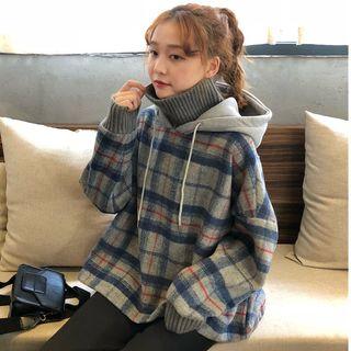 Mock Two-piece Turtleneck Plaid Hoodie