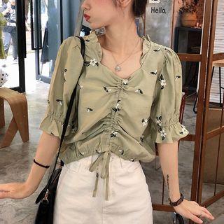 Elbow-sleeve Frill Trim Drawstring Floral Cropped Top