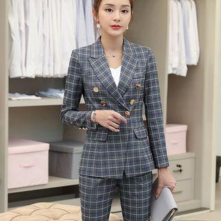 Plaid Double-breasted Blazer / High-waist Cropped Skinny Pants / Camisole Top