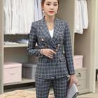 Plaid Double-breasted Blazer / High-waist Cropped Skinny Pants / Camisole Top