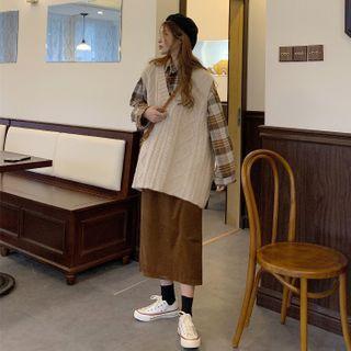 Plain Knit Vest / Plaid Shirt / Midi Straight-fit Skirt