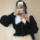 Flared-cuff Peter Pan-collar Cropped Blouse Black - One Size