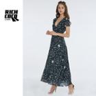 Star Print Short-sleeve Maxi Chiffon Dress