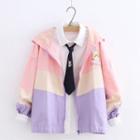 Embroidered Color Panel Hooded Zip Jacket / Tie-neck Shirt / Set