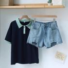 Short-sleeve Embroidered Polo Shirt / Wide-leg Denim Shorts