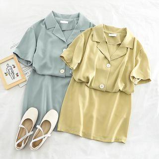 Set: Plain Short-sleeve Blouse + A-line Skirt