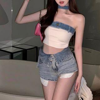 Denim Panel Cropped Tube Top / Hot Pants