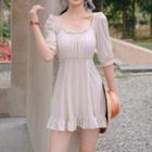Set: Elbow-sleeve Frill Trim Swimdress + Shorts