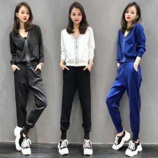 Set: V-neck Zip Jacket + Cropped Harem Pants