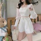 Long-sleeve Lace Trim Crop Top / Scalloped Shorts