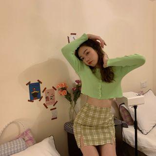Long-sleeve Crop Knit Top / Plaid Mini A-line Skirt