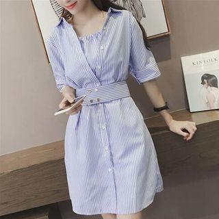 Mock Two-piece Elbow-sleeve Striped Shirt Dress