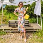 Puff-shoulder Linen Blend Floral Dress Violet - One Size