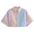 Elbow-sleeve Color Block Striped Shirt