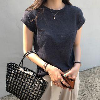 Plain Round Neck Short-sleeve Top As Figure - One Size