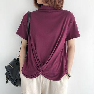 Short-sleeve Knot-front Mock-neck T-shirt