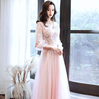 Balloon-sleeve Floral Applique A-line Evening Dress
