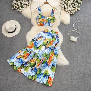 Set: Printed Crop Tank Top + A-line Skirt