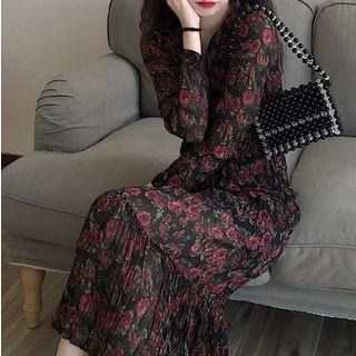 V-neck Long-sleeve Floral Print Dress As Shown In Figure - One Size