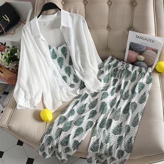 Set Of 3 : Chiffon Jacket + Printed Suspender Top + Wide Leg Pants