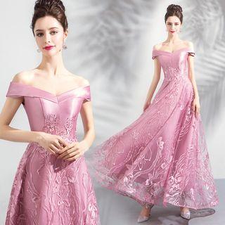 Lace Appliqued Off-shoulder A-line Evening Gown