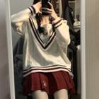 Sailor Collar Cardigan / Mini A-line Pleated Skirt