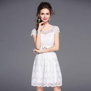 Embroidered Cap-sleeve A-line Dress