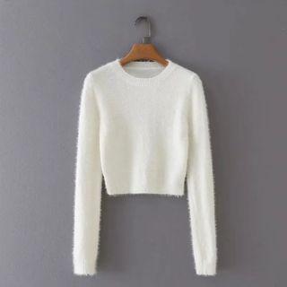 Plain Long-sleeve Fluffy Knit Top White - One Size
