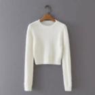 Plain Long-sleeve Fluffy Knit Top White - One Size