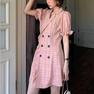 Short-sleeve Double Breasted Plaid A-line Mini Coat Dress
