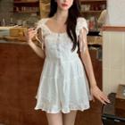 Square-neck Button Up Frill Hem A-line Dress